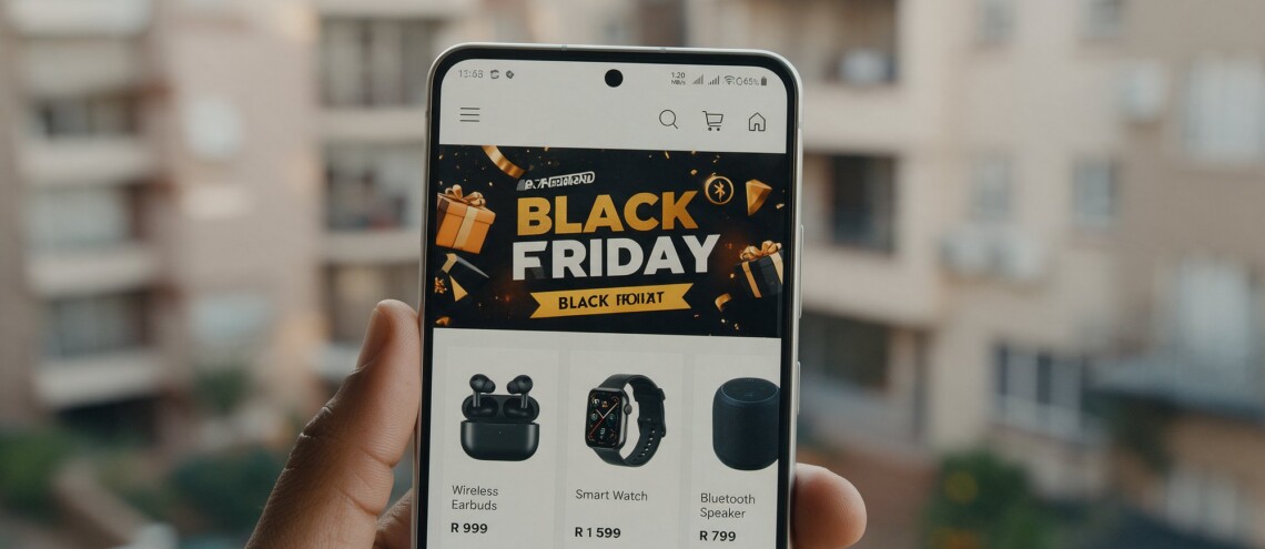 Shopper using a mid-range Android phone to buy from a South African online store during Black Friday on mobile data - Dsignr Digital