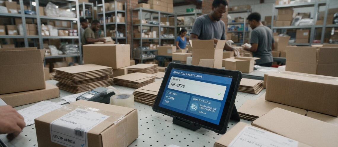 Warehouse packing station with parcels and a tablet tracking Black Friday order fulfilment and dispatch cut-offs for a South African online store - Dsignr Digital