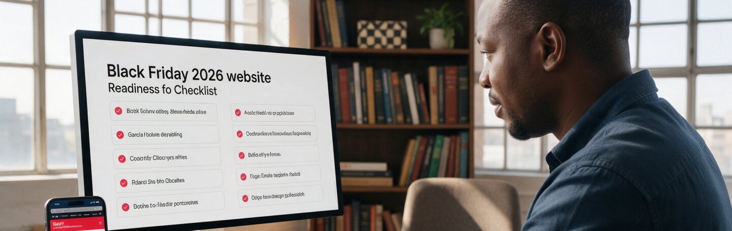 South African ecommerce merchant reviewing a Black Friday 2026 website readiness checklist on a desktop monitor next to a smartphone storefront - Dsignr Digital