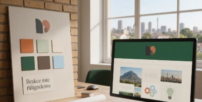Brand identity system with logo suite and colour swatches beside a South African business website homepage mockup - Dsignr Digital
