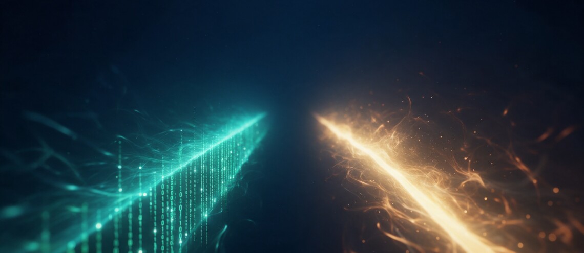 Two diverging paths of light representing ChatGPT Sites versus AI-assisted development — Dsignr Digital