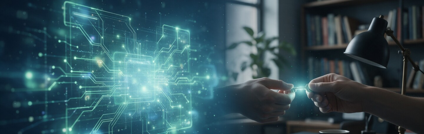 AI-generated website glow beside a domain handover key metaphor — can ChatGPT build a South African business website in 2026 — Dsignr Digital