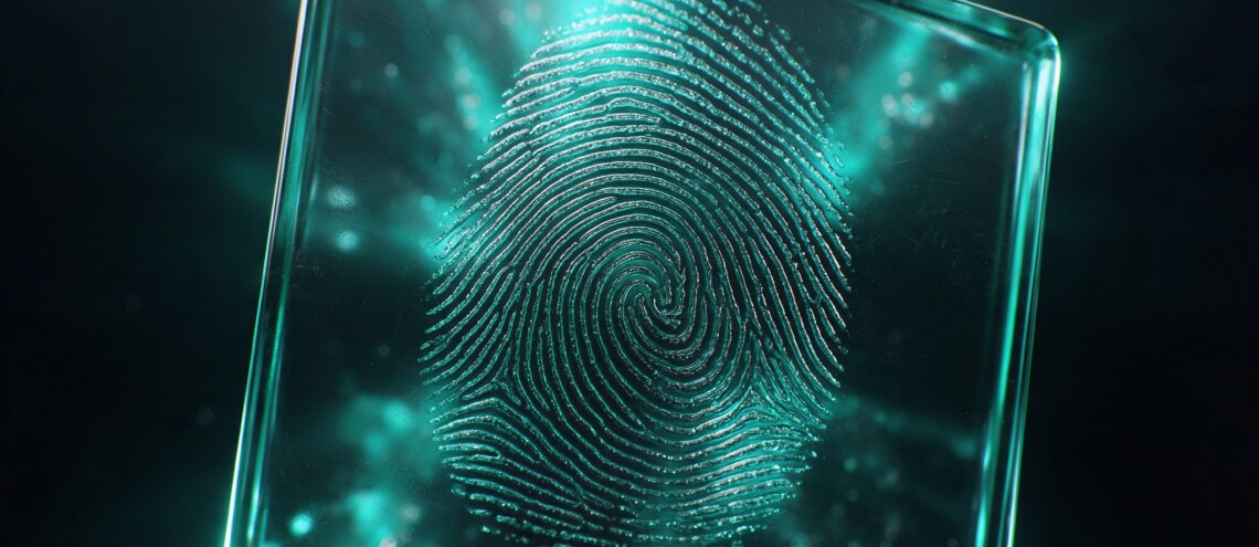 Fingerprint on glass with teal edge light, representing two-factor authentication and access control for WordPress — Dsignr Digital