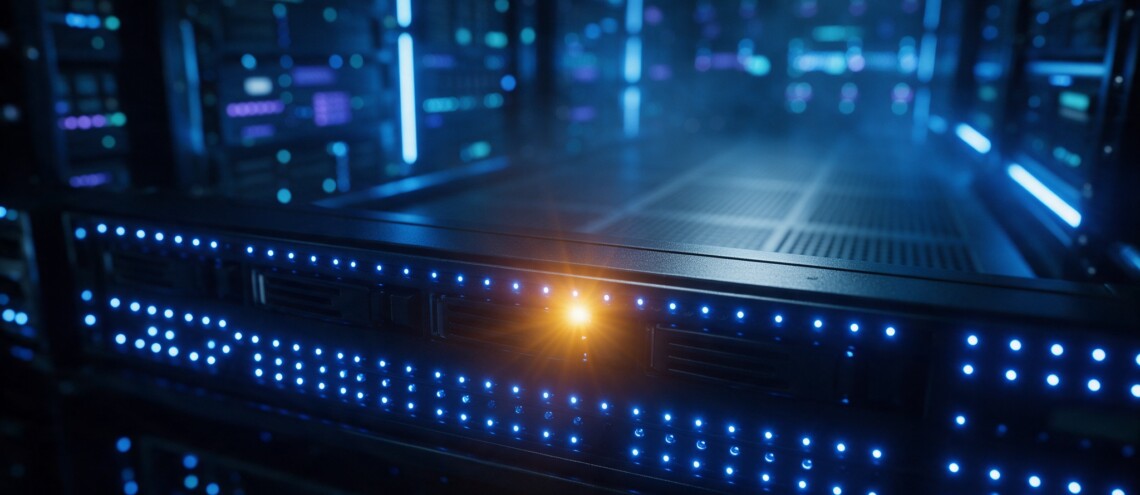 Server status lights with an amber update indicator among cool blue LEDs, representing WordPress security patch releases — Dsignr Digital
