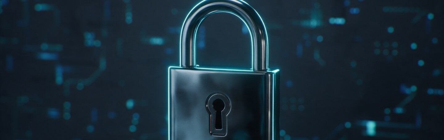 Cinematic padlock with teal rim light on charcoal, symbolising WordPress security hardening for a business site in 2026 — Dsignr Digital