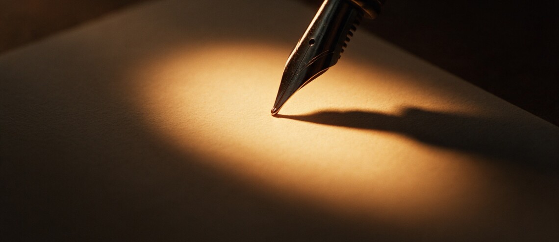 A fountain pen tip on paper in amber light — writing a website RFP scope — Dsignr Digital
