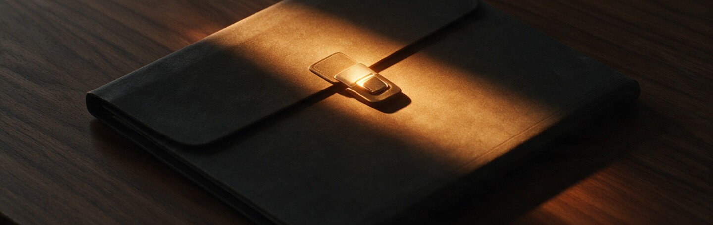 A sealed document folder in a single shaft of amber light — a website RFP that agencies can price — Dsignr Digital