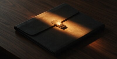 A sealed document folder in a single shaft of amber light — a website RFP that agencies can price — Dsignr Digital
