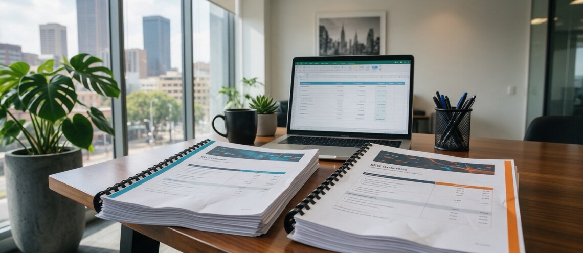 Business owner comparing two South African SEO quotes side by side for goals, deliverables, VAT and minimum term - Dsignr Digital