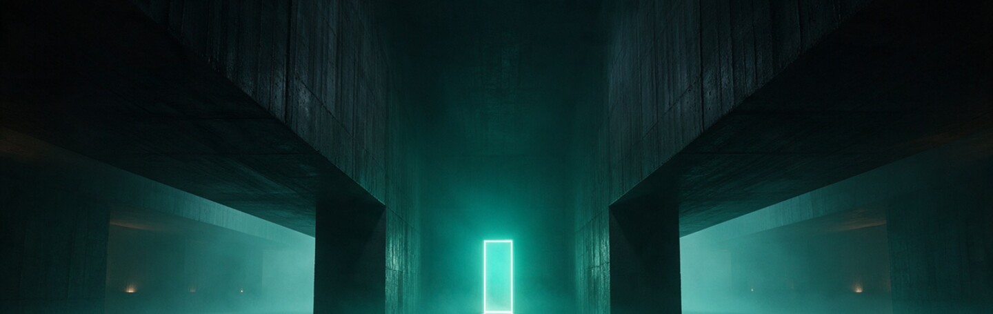 Three dark corridors meeting at one teal doorway — marketing, IT and legal aligning on a website project — Dsignr Digital