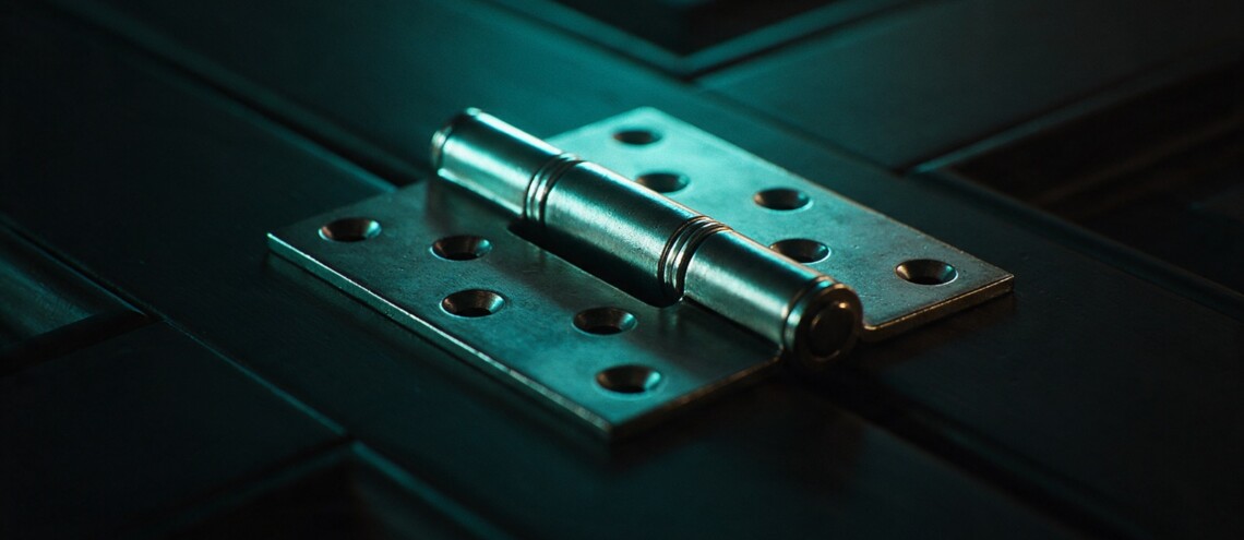A steel hinge opening on a dark door in teal light — the point a website can no longer stay closed — Dsignr Digital