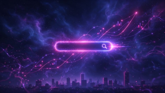 Glowing neon search and performance chart lines in deep indigo space, representing Google Ads management by Dsignr Digital in Rosebank, Johannesburg