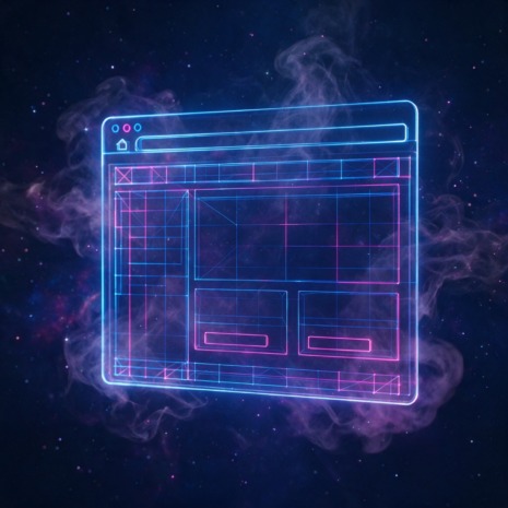 Glowing neon wireframe of a website browser layout floating in deep indigo space, representing professional web design by Dsignr Digital in Rosebank, Johannesburg